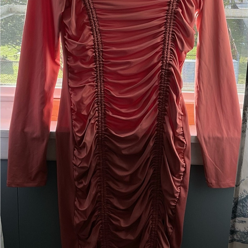 Heart Hips Coral Ruched Long Sleeve Dress